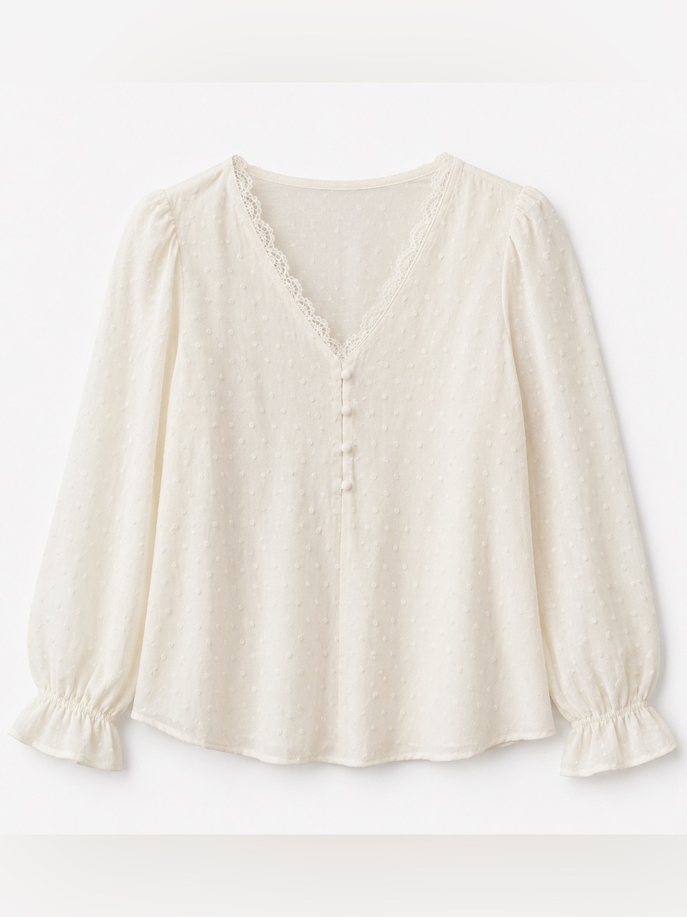 Women’s Cream Swiss Dot Lace-Trim V-Neck Blouse